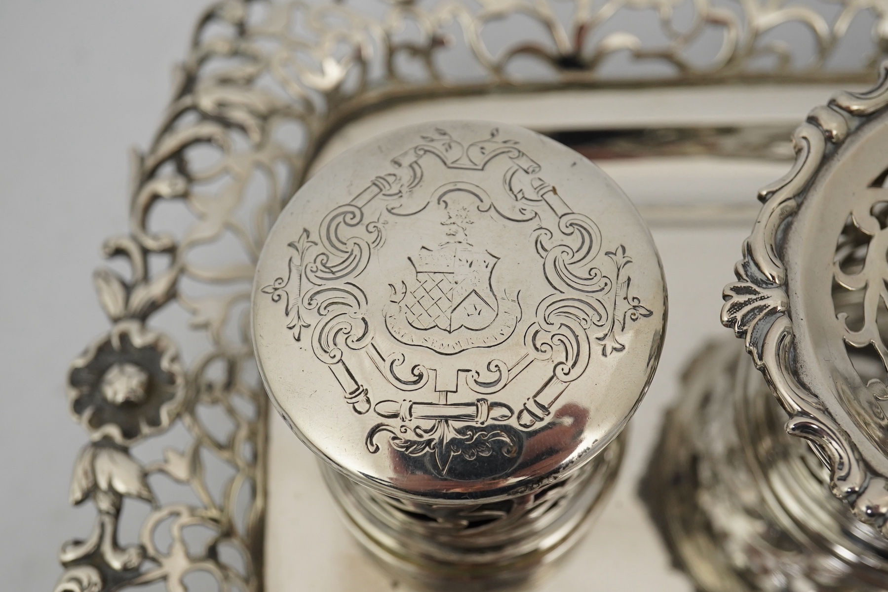 An early Victorian silver rounded rectangular inkstand, by Joseph Angell I and Joseph Angell II